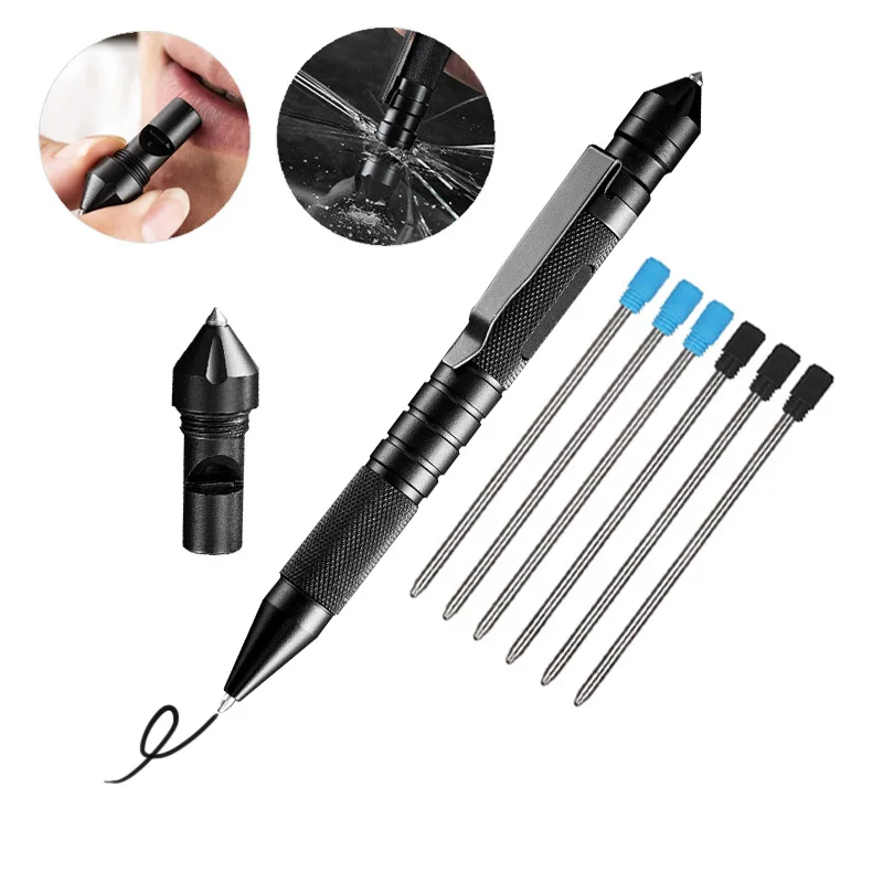 

Tactical Pen Security Protection EDC Self Defense Supplies Emergency Whistle Writing Pen Tungsten Steel Refills