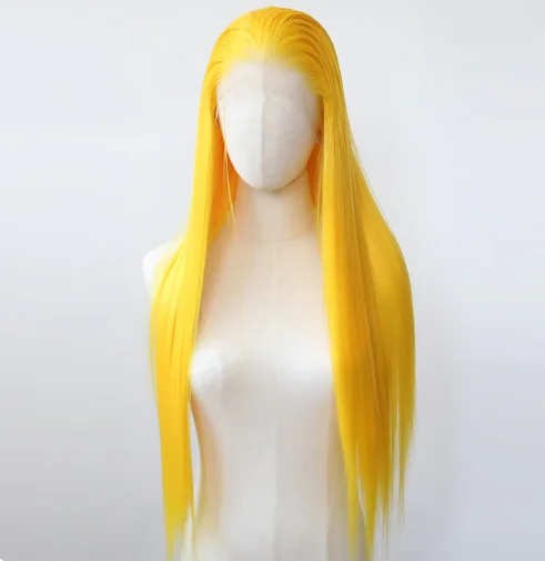 Желтый парик 13x4 Синтетический фронта шнурка Длинный прямой желтый синтетический