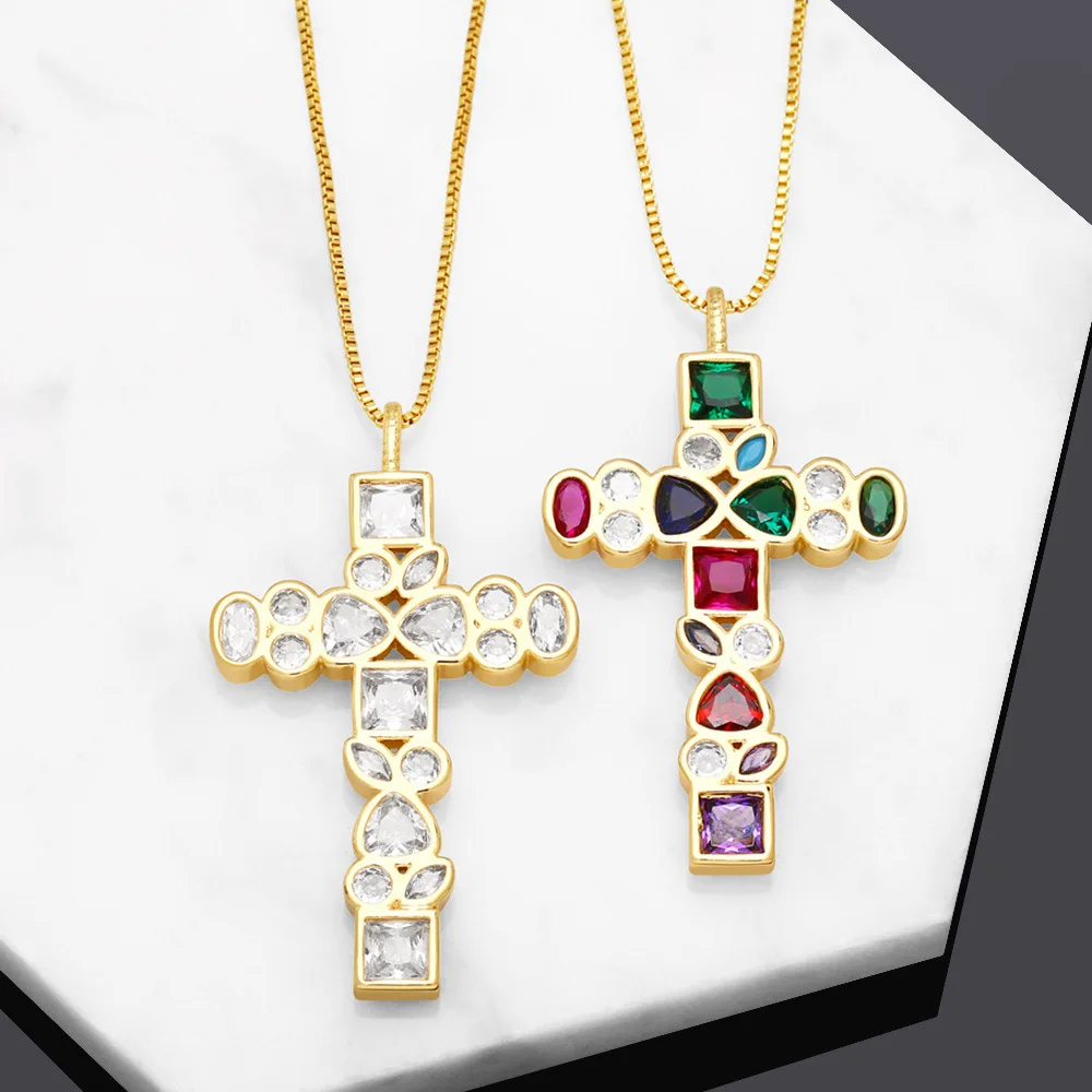 

V&YIDOU Spiritual special-interest design color zircon geometric pattern stitching cross pendant snake necklace for women