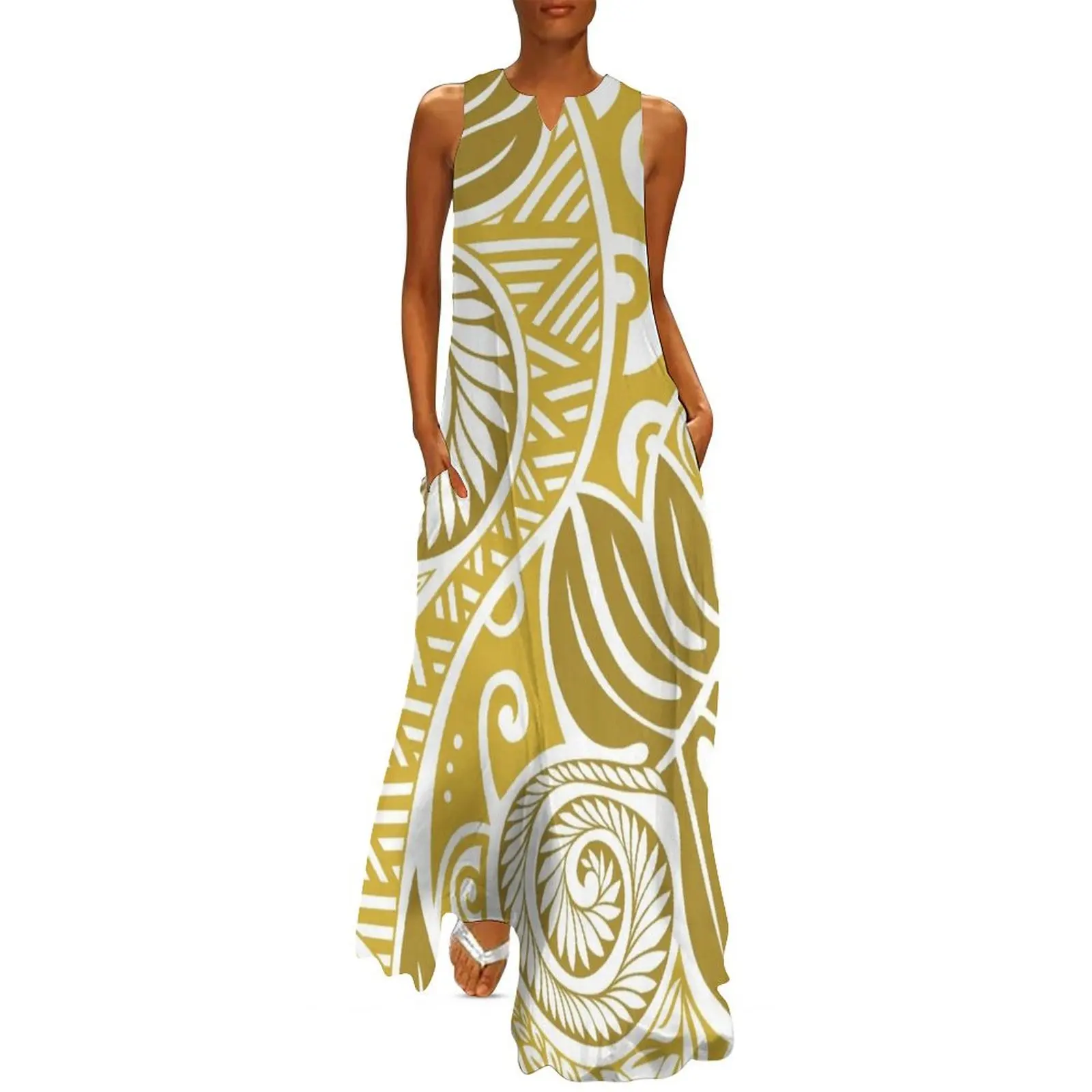 Гавайское длинное платье с хлебом ulu золотисто-белый дизайн милое феи платья