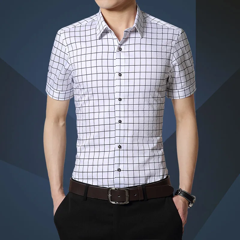 2022 Plaid Men Shirts High Quality Short-sleeved Summer Dress 100% Cotton Shirt Brand Casual Color Solid Collar  Shirts 4XL M667