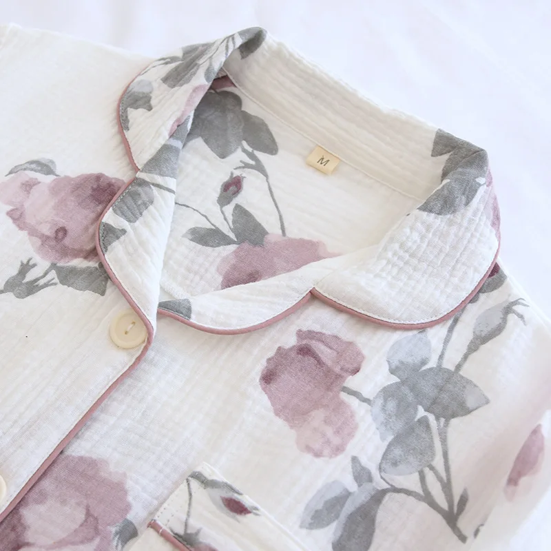 New Pajamas Long-sleeved Trousers Two-piece Women's 100% Cotton Crepe Casual Cardigan Flower Homewear Suit Sleepwear