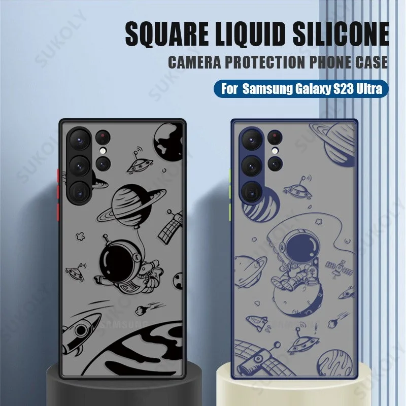 

Cartoon Astronaut Hard Matte Acrylic Case For Samsung S23 Ultra S22 Plus S21 FE S20 A54 A53 A52 5G A71 Shockproof Bumper Cover