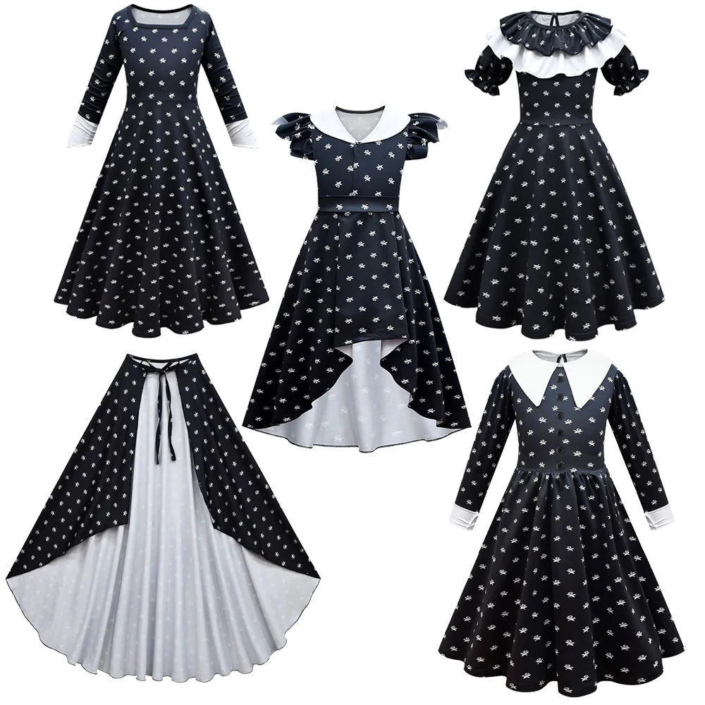 

HeeneBerry For Wednesday Cosplay Dress Wig Bag Cloak Set Kids Halloween Costumes for Girls Black Outfits Carnival Gothic Clothe