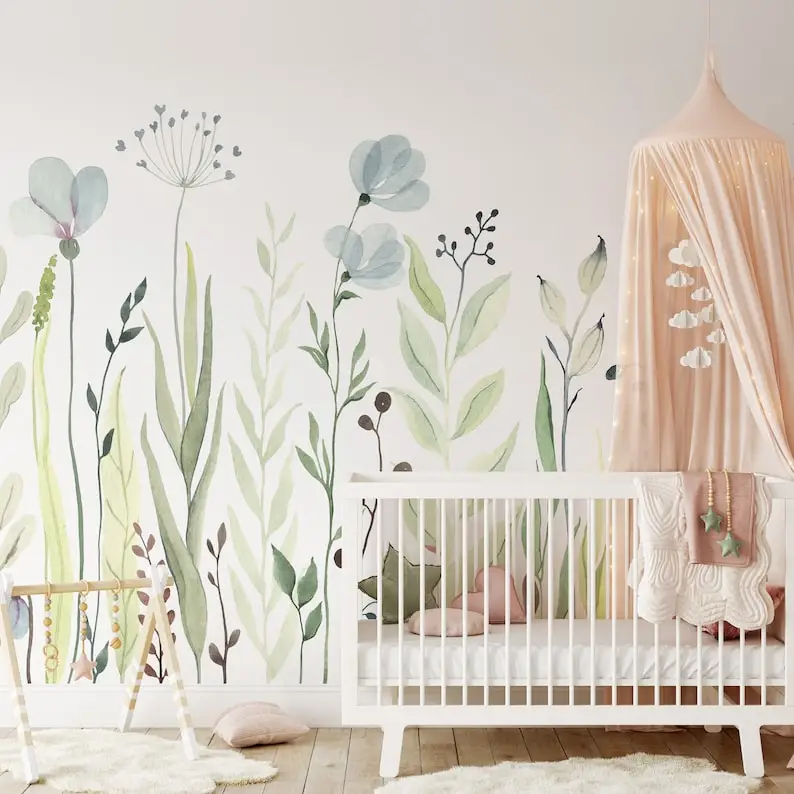 

Watercolor Flowers Removable Mural Wallpaper - Wildflowers Kids Peel and Stick Nursery Wall Decal - Self Adhesive Greenery Wallp