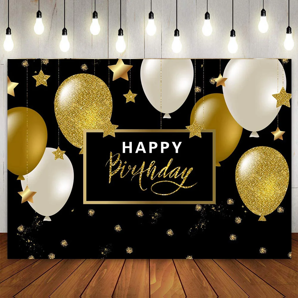 Black and Gold Birthday Party Banner Backdrop Balloon Star Glitter Dots Photo Background Poster for Men 30th 40th 50th 60th 70th