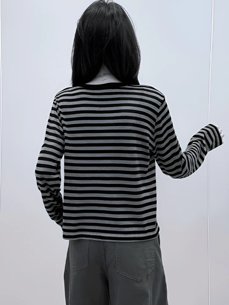 Early Autumn Contrast Color Stripe Patchwork round Neck Long sleeves Shirt Women 2024 New Popular Loose Inner wear Bottoming ...