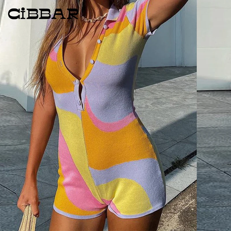 

CIBBAR Casual Colorful Printing Skinny Romper Women 2022 Summer Y2k Harajuku Short Sleeve Button Up Patchwork Shorts Playsuits