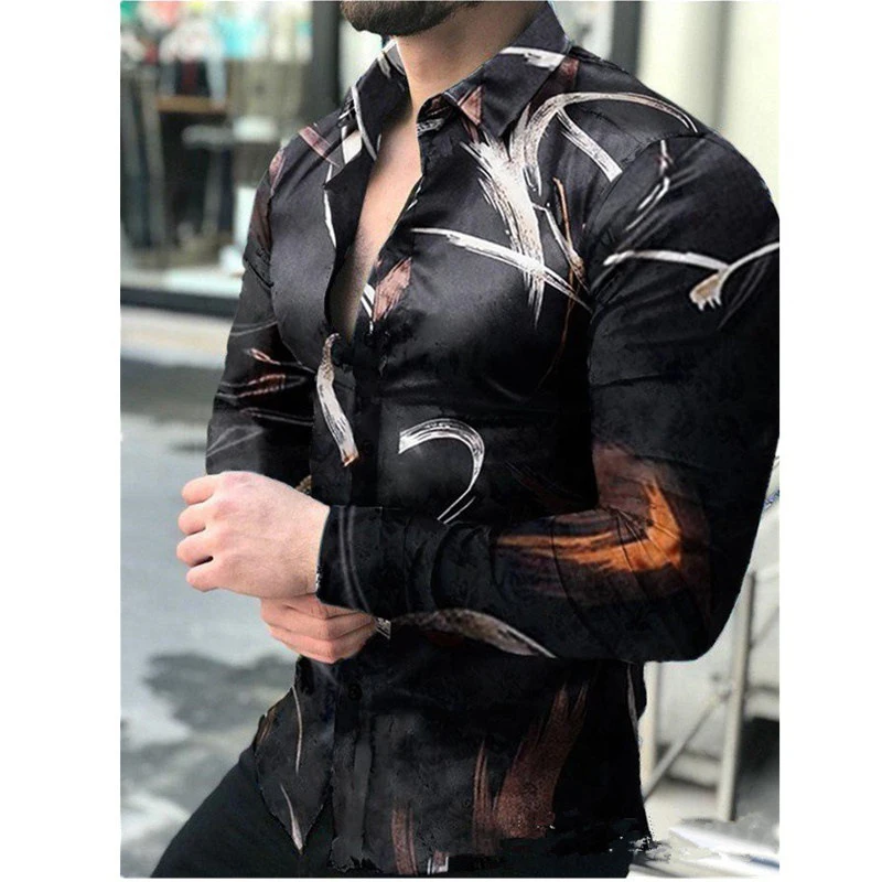 

Luxury Fashion Social Men Shirts Turn-down Collar Buttoned Shirt Casual Abstract Print Long Sleeve Tops Men's Clothing Cardigan