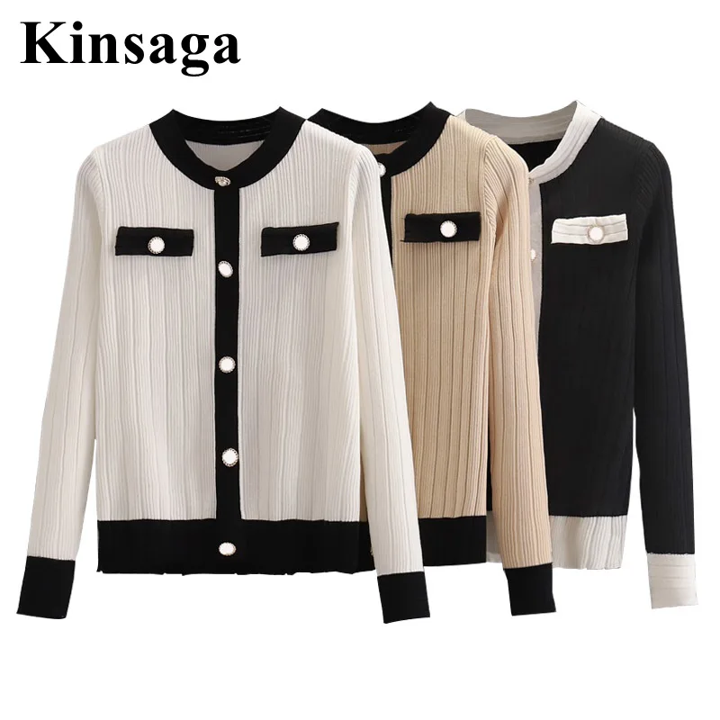 

Женский трикотажный пуловер в полоску, элегантный винтажный свитер контрастных цветов с жемчужинами на пуговицах, в стиле ретро, Повседнев...