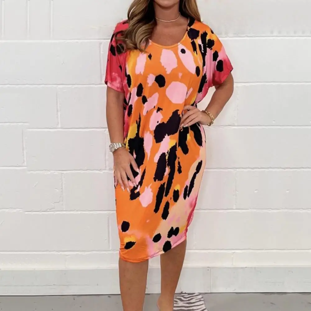 

Short Sleeve Dress Colorful Print Round Neck Short Sleeve Midi Dress for Women Loose Fit Knee Length Plus Size Hollow Back