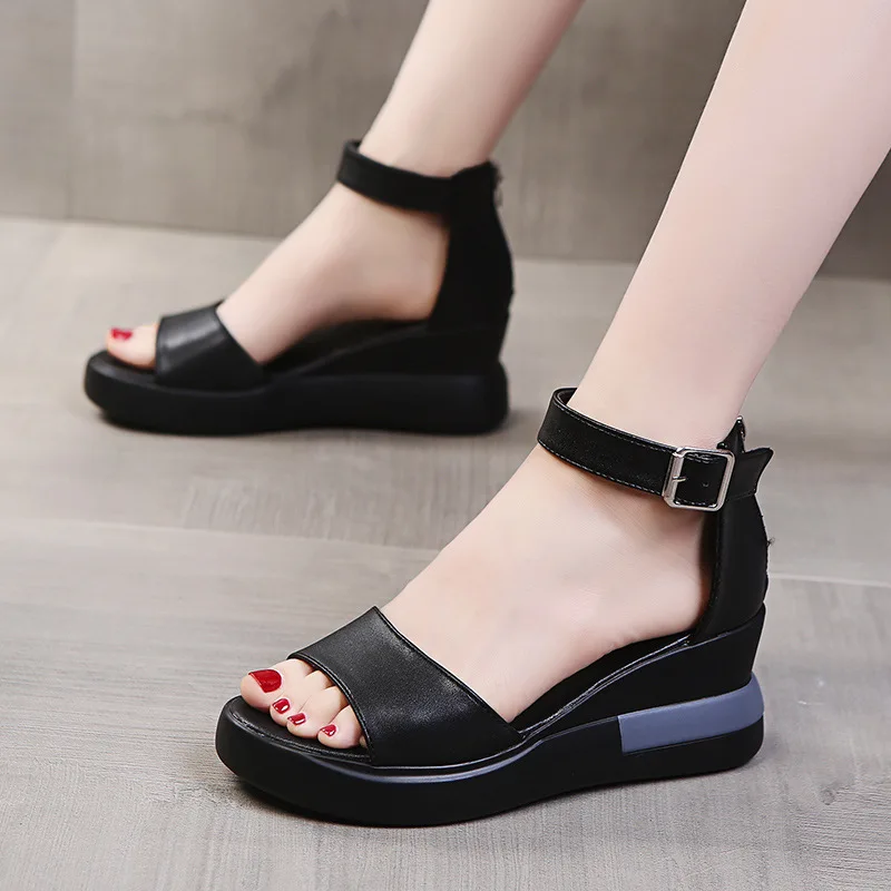 

Summer Wedge Shoes for Women Sandals Solid Color Open Toe High Heels Casual Ladies Buckle Strap Fashion Female Sandalias Mujer