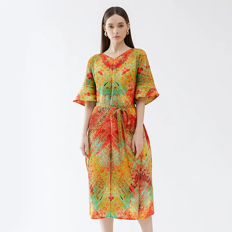 Miyake 2023 Spring Waist Dress New Ladies Temperament Long Printed Loose Dress Women's Fashion