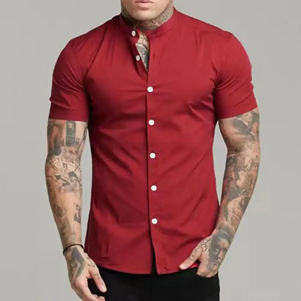 

Mens Short Sleeve Shirt Summer Plain Slim Fit Dress Shirts Fitness Men Gym Clothing Fashion Casual Social Stand Business Shirts