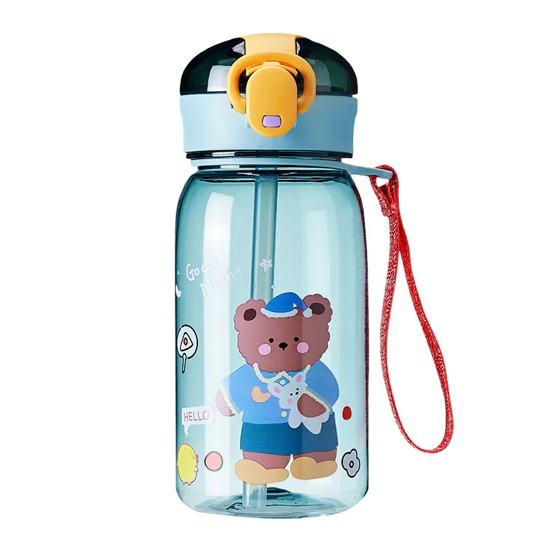 

Botella de agua con pajita para niños recipiente bonito de dibujos animados sin BPA a prueba de fugas portátil para exteriores 4