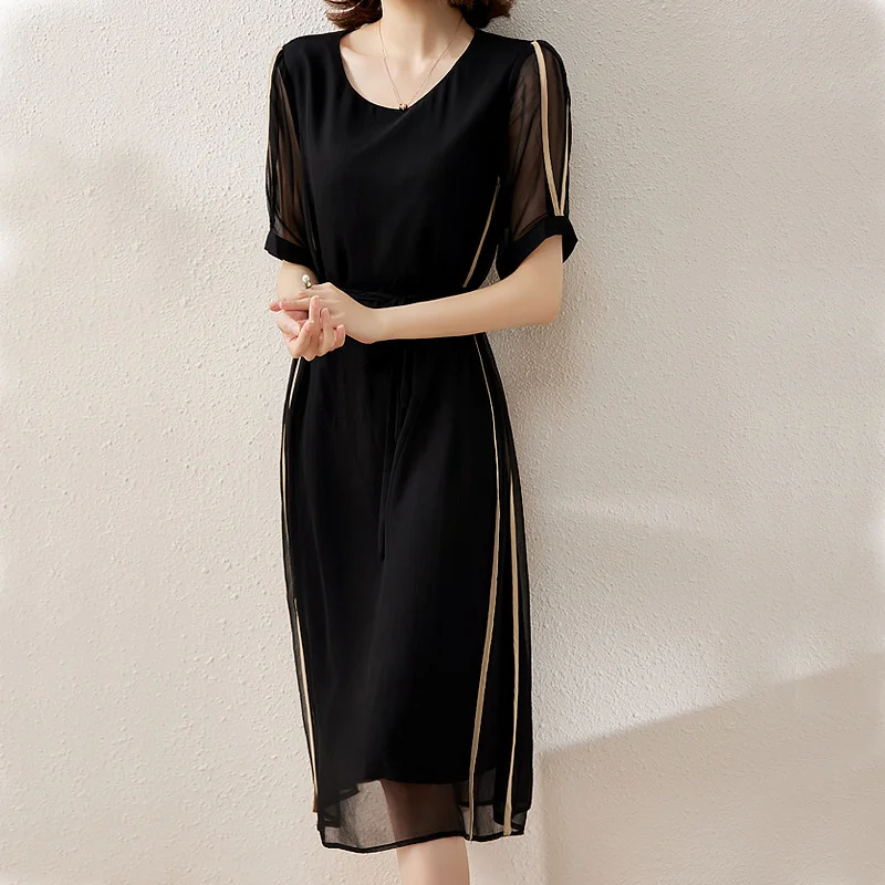 

2022 Summer Women Long Dresses Black Pure Silk Thin Office Lady Elegant Dress Casual Fashion Woman Skirt Streetwear