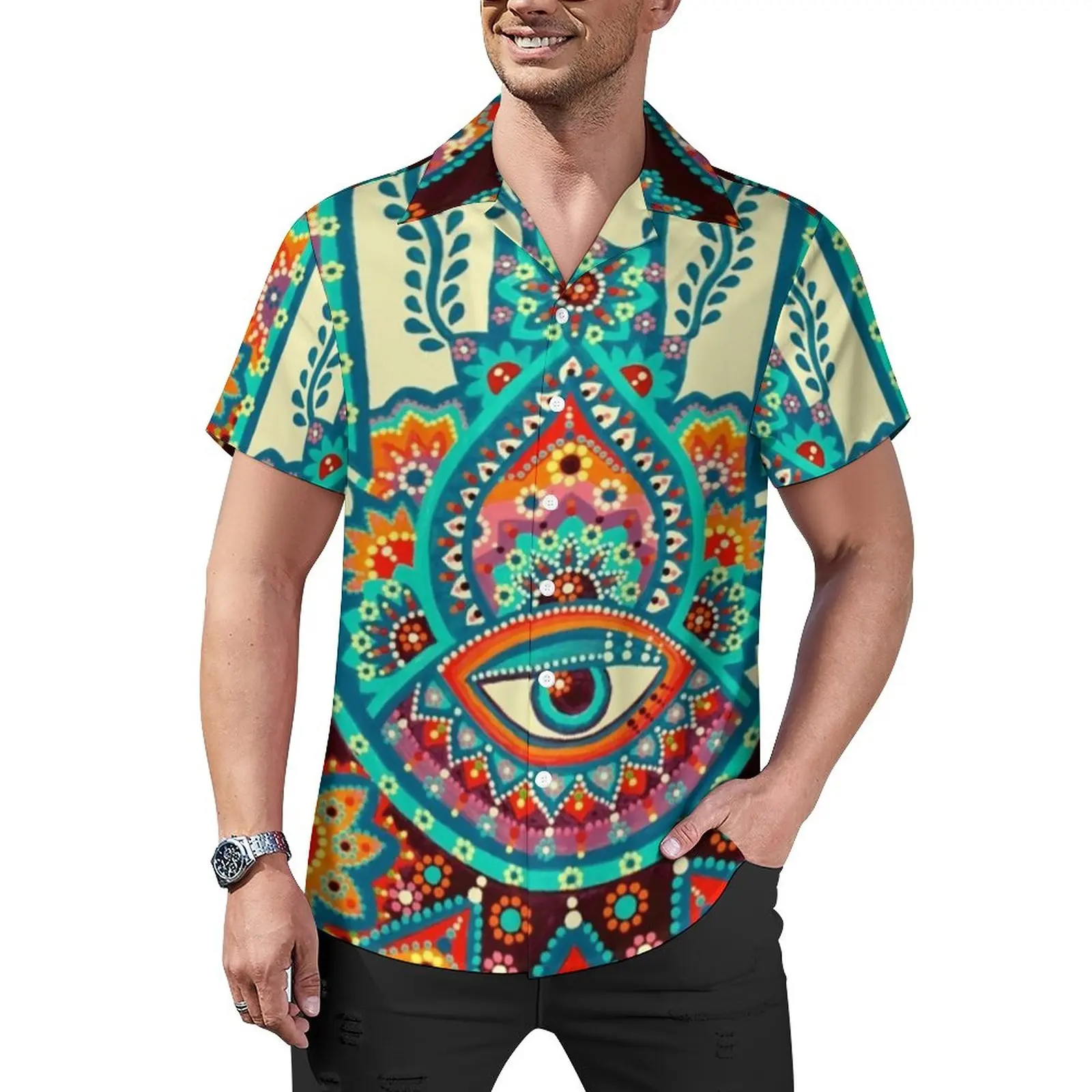 

Hamsa Hand Blouses Male Retro Floral Print Casual Shirts Hawaii Short-Sleeve Custom Y2K Oversized Vacation Shirt Gift Idea