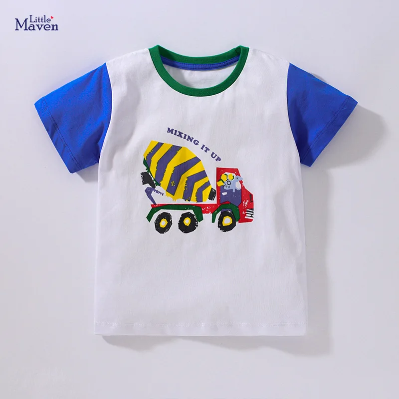 

Летняя одежда Little Maven 2023, хлопковая футболка, топы с рисунком грузовика, Детская Повседневная Удобная дышащая одежда для детей
