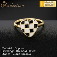 vintage checkerboard heart shape rings for women copper 18k gold plating black and white resin retro love heart ring party