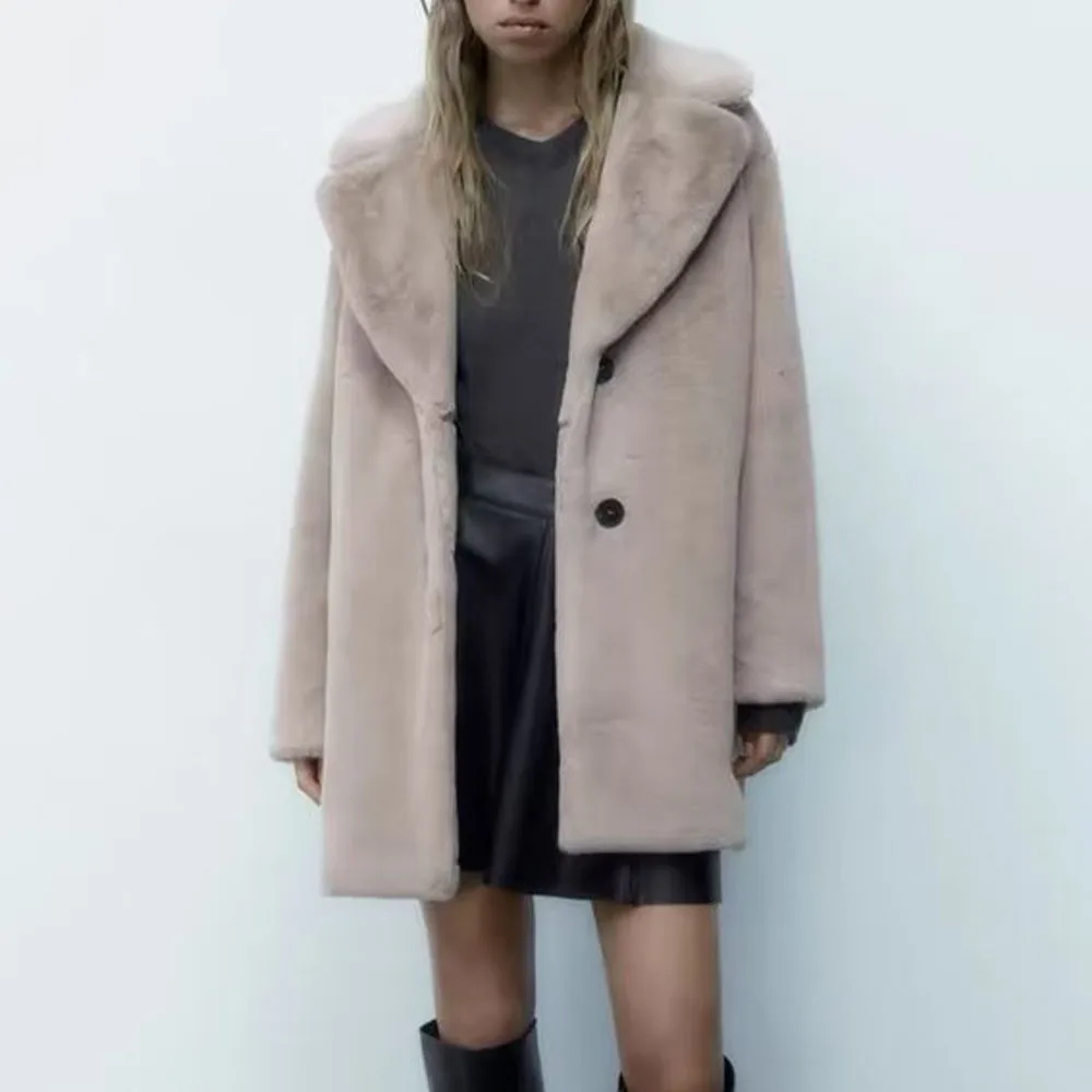 Fall and winter new fashion women's temperament casual versatile lapel long sleeve artificial fur effect medium long coat coat