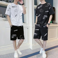 leisure sports suit for men2022summer new hong kong style plus size loose trendy letter print thin half sleeved