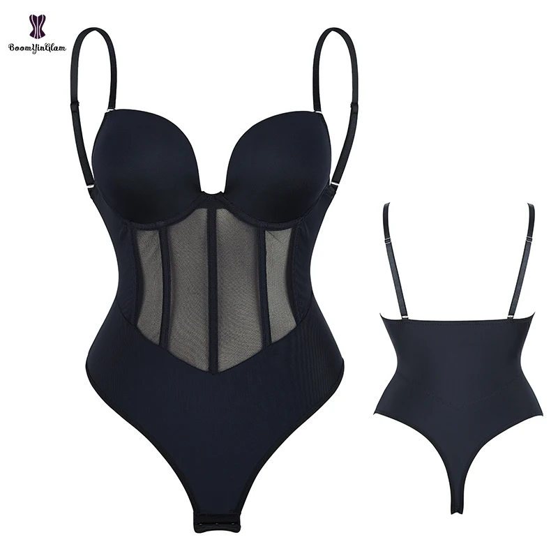 Plus Size 5 Plastic Bones Supported Translucent Bodysuit Shapewear Nude Black Women Strap Bra Bustier Underwear Panties Shapers