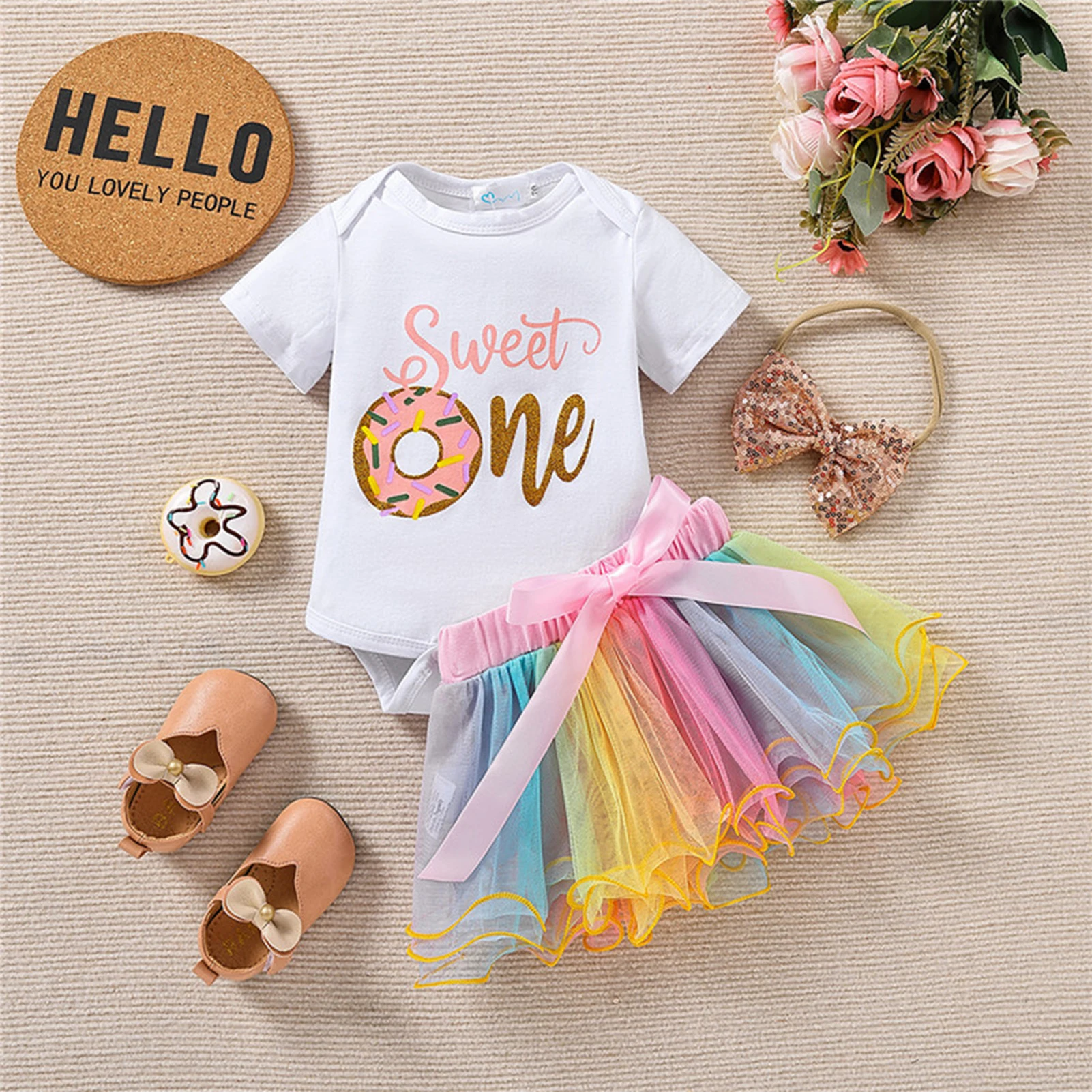 

Baby Girls Summer Outfits 3pcs Toddler Romper+Tutu Skirt+Headband Letter Fashion Infant Clothing Suits Daily Wear Birthday Gift