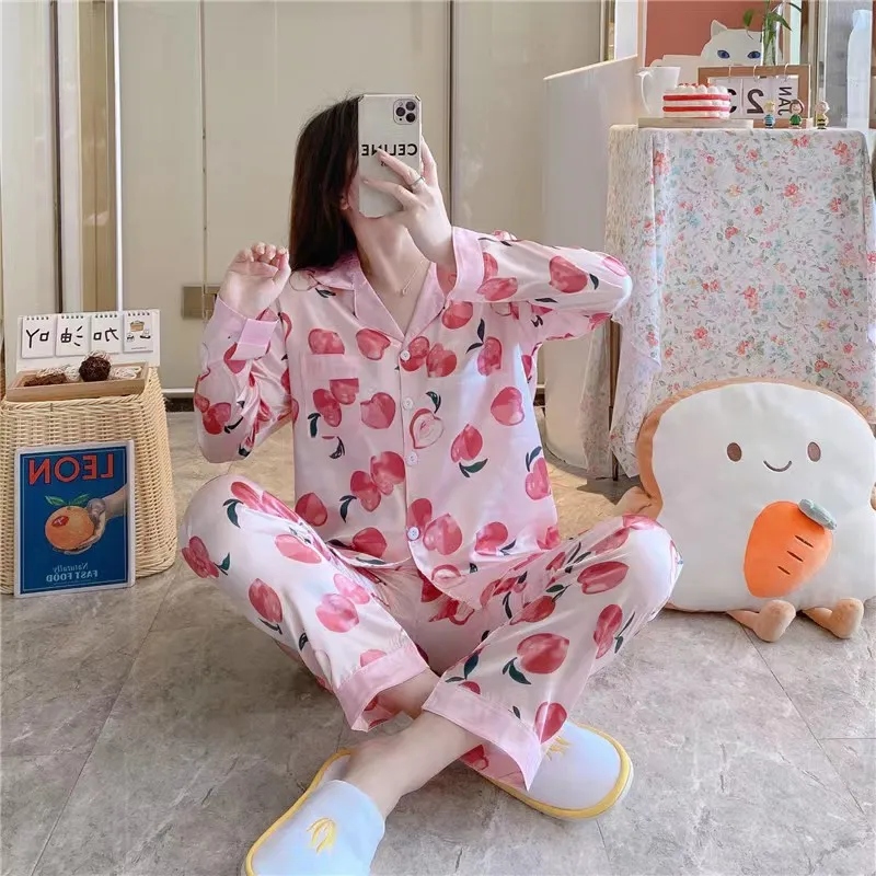 Pajamas women's autumn ice silk long-sleeved Korean version sweet and cute cardigan lapel simulation silk home service suit