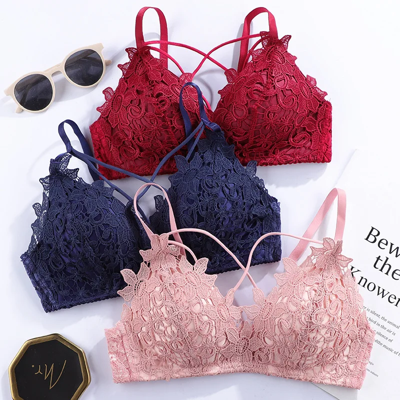 

Seamless Deep V Embroidery Lace Bras For Women Sexy Underwear Push Up Bra Female Small Breasts Converging Adjustable Brassiere