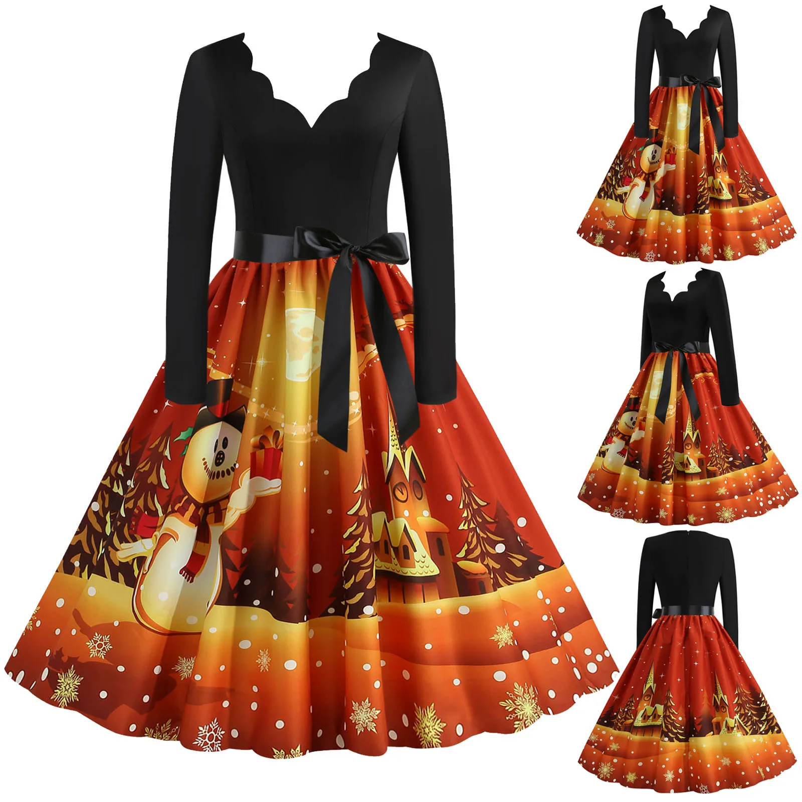 

Merry Christmas Dress 2023 Ladies Vintage Dresses Long Sleeve V Neck Christmas 1950s Housewife Evening Party vestidos de mujer