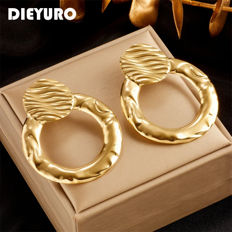 

DIEYURO 316L Stainless Steel Gold Color Exaggerated Relief Round Circles Drop Earrings For Women Fashion Girls Ear Jewelry Gifts