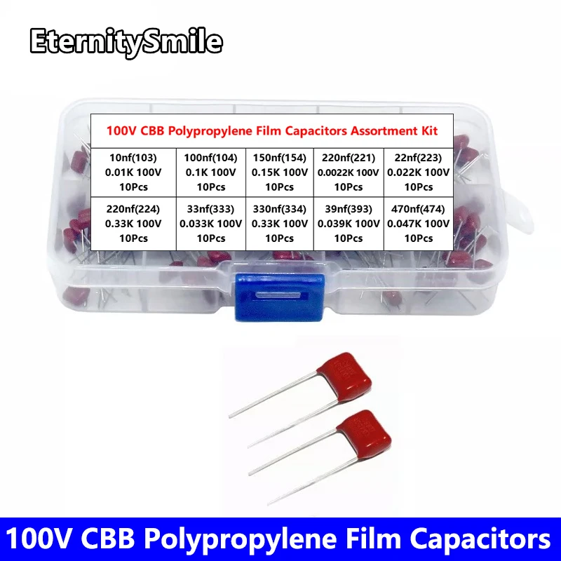 100Pcs10 значения CBB 100 в 10nf 22nf 33nf 39nf 100nf 150nf 220nf 330nf 470nf Полипропиленовые пленочные конденсаторы, набор в ассортименте