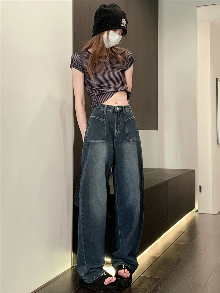 

Retro Wash Gradient Women Autumn High Waist Denim Pants Loose Wide Leg Straight 2022 New Jean Trousers Female Simple Basic Cozy