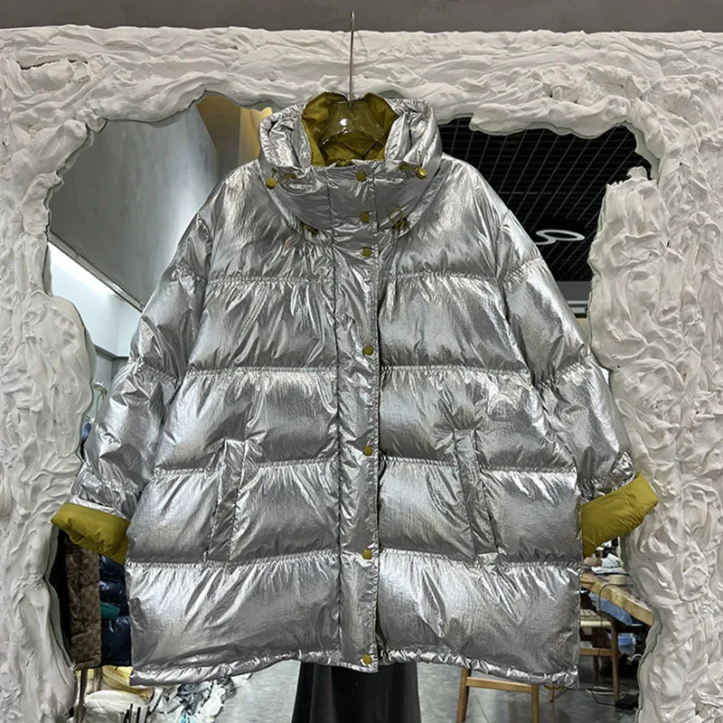 

Silver Women Duck Down Coat 2022 New Winter Warm Jackets Female Hooded Parkas Glossy Down Coats Loose Thick Outerwear