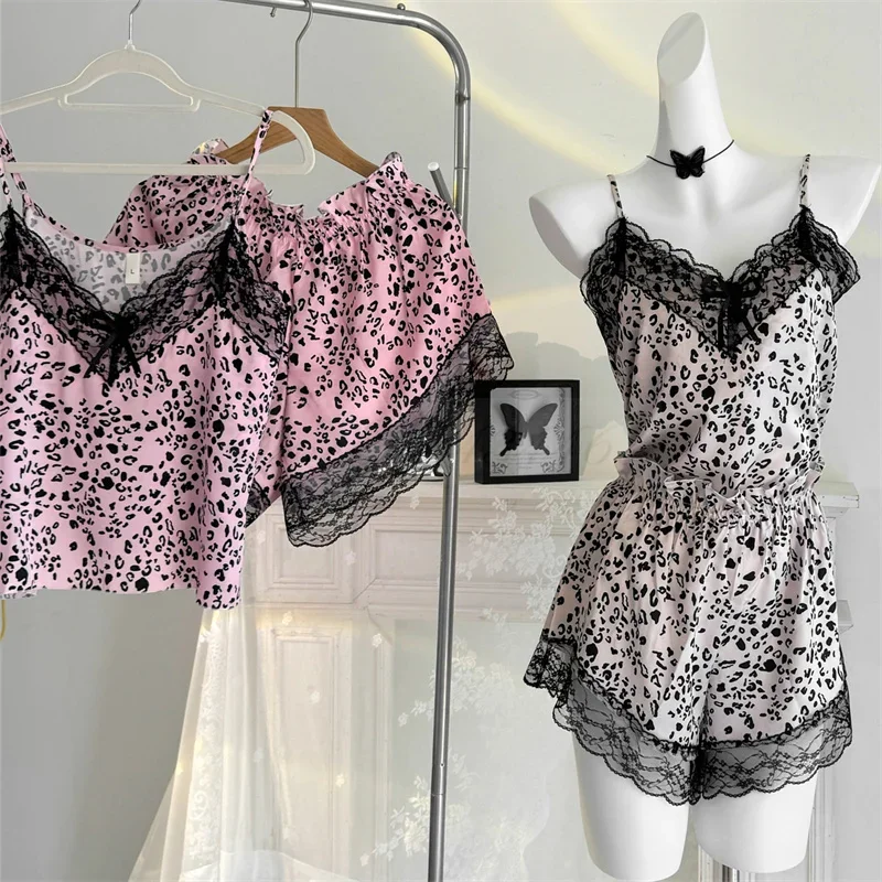 Леопардовый кружевной топ и шорты с принтом сексуальные женские пижамы на