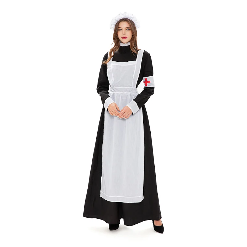 

Women Maid Cosplay Long Maxi Fancy Dress Long Sleeves Franch Maid Servant Cosplay Costumes For Halloween Party Dress Up