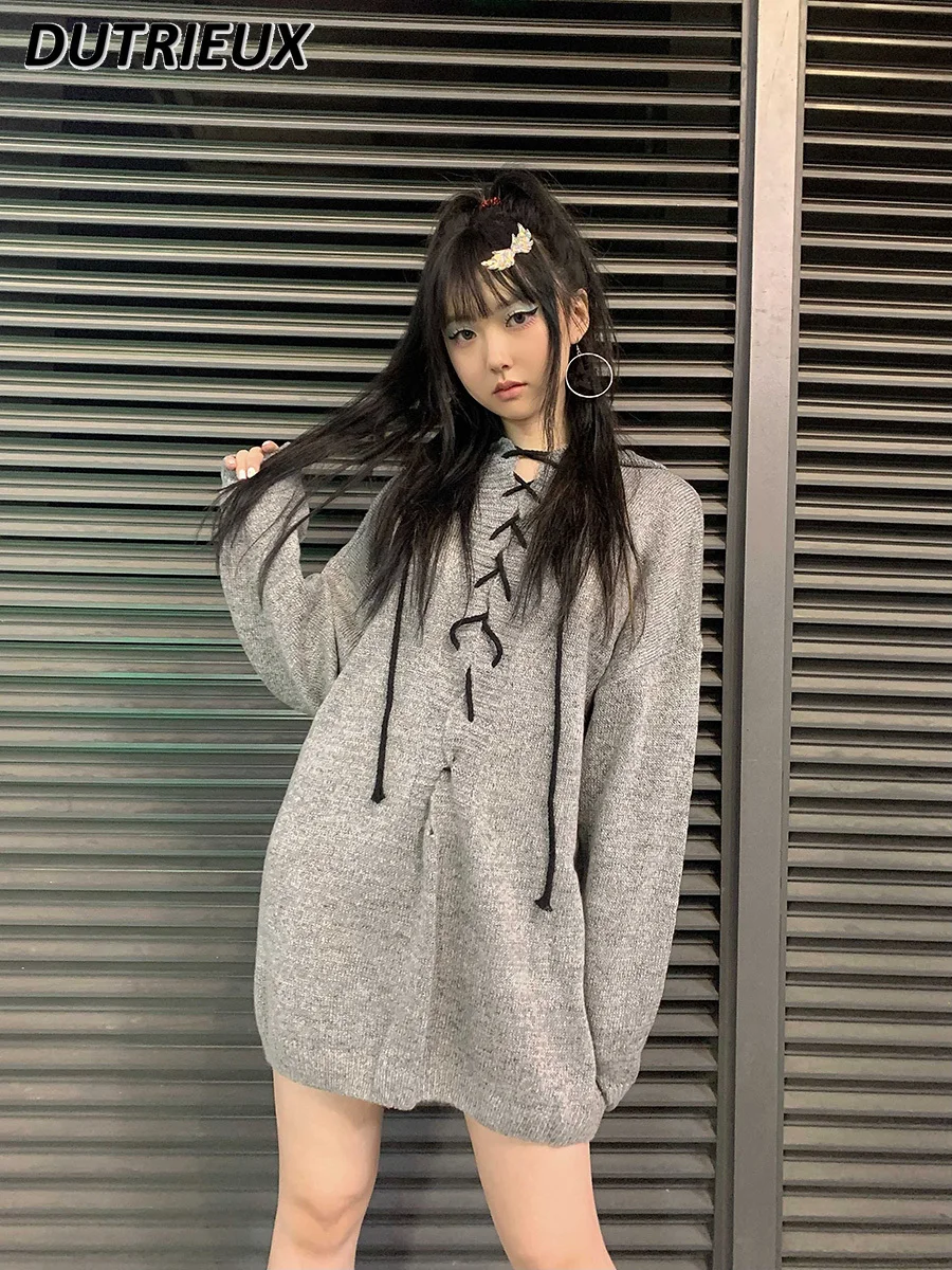 

European and American Retro Hot Girl Hooded Gray Sweater Pullover Simple All-Match Long Sleeve Knited Dress Fashion Women