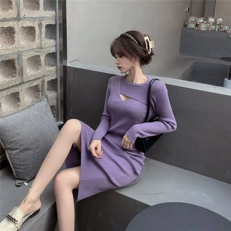 

Woman New Knitted Twisted Back Long Sleeve Knitted Dress Female Solid Color Feminine Dresses Ladies Knit Warm Long Dress G27