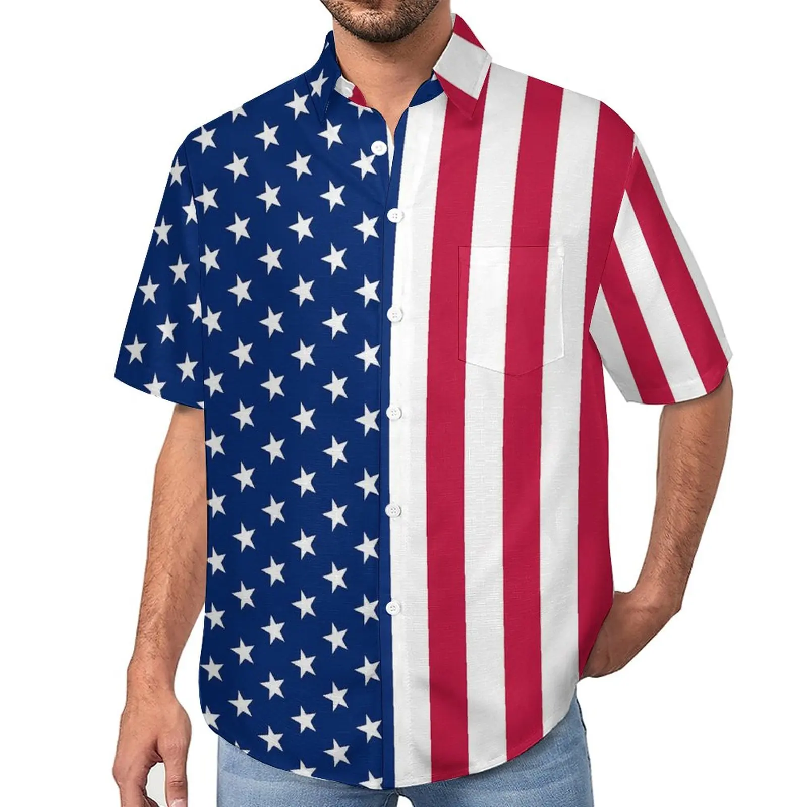 

Patriotic USA Flag Vacation Shirt Stars Stripes Hawaiian Casual Shirts Man Aesthetic Blouses Short Sleeve Design Tops Plus Size