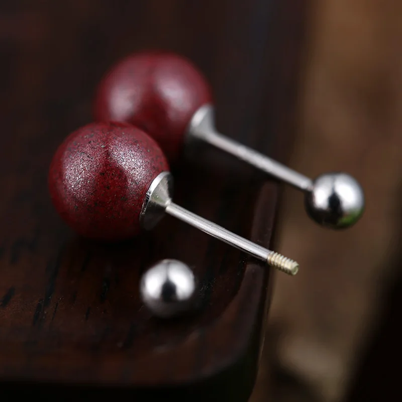 Raw Ore Cinnabar Ear Studs Women Plug-Free Screw S925 Silver Needle Plug Temperament Pure Earrings Xuanyu Earr...