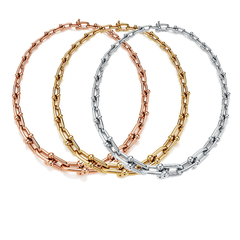 

1:1 S925 Sterling Silver Classic Interbuckle U Glossy (with Zircon) Gradient Necklace, Men's And Women's Party Jewelry Gift