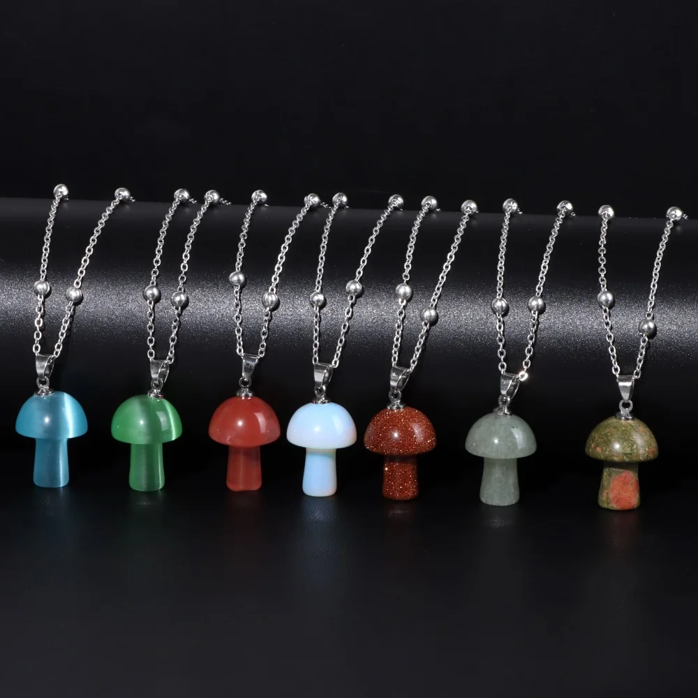 

Natural Cat Eye Stone Necklace Cute Small Mushroom Pendant Necklace Tiger Eye Necklaces Women Elegant Reiki Adjustable Jewelry