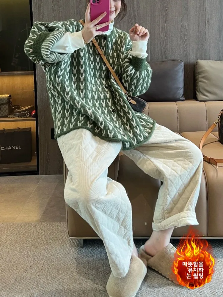 Plus Size Artistic Solid Corduroy Rhombus Quilted Warm Pants Plus size women clothing Elastic Waist Casual Slim Wide Le...