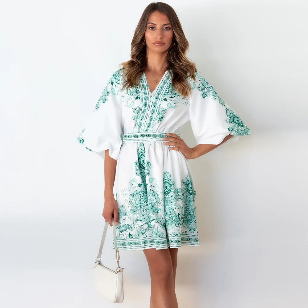 

2022 women's new skirt lantern sleeves summer retro print V-neck short dress