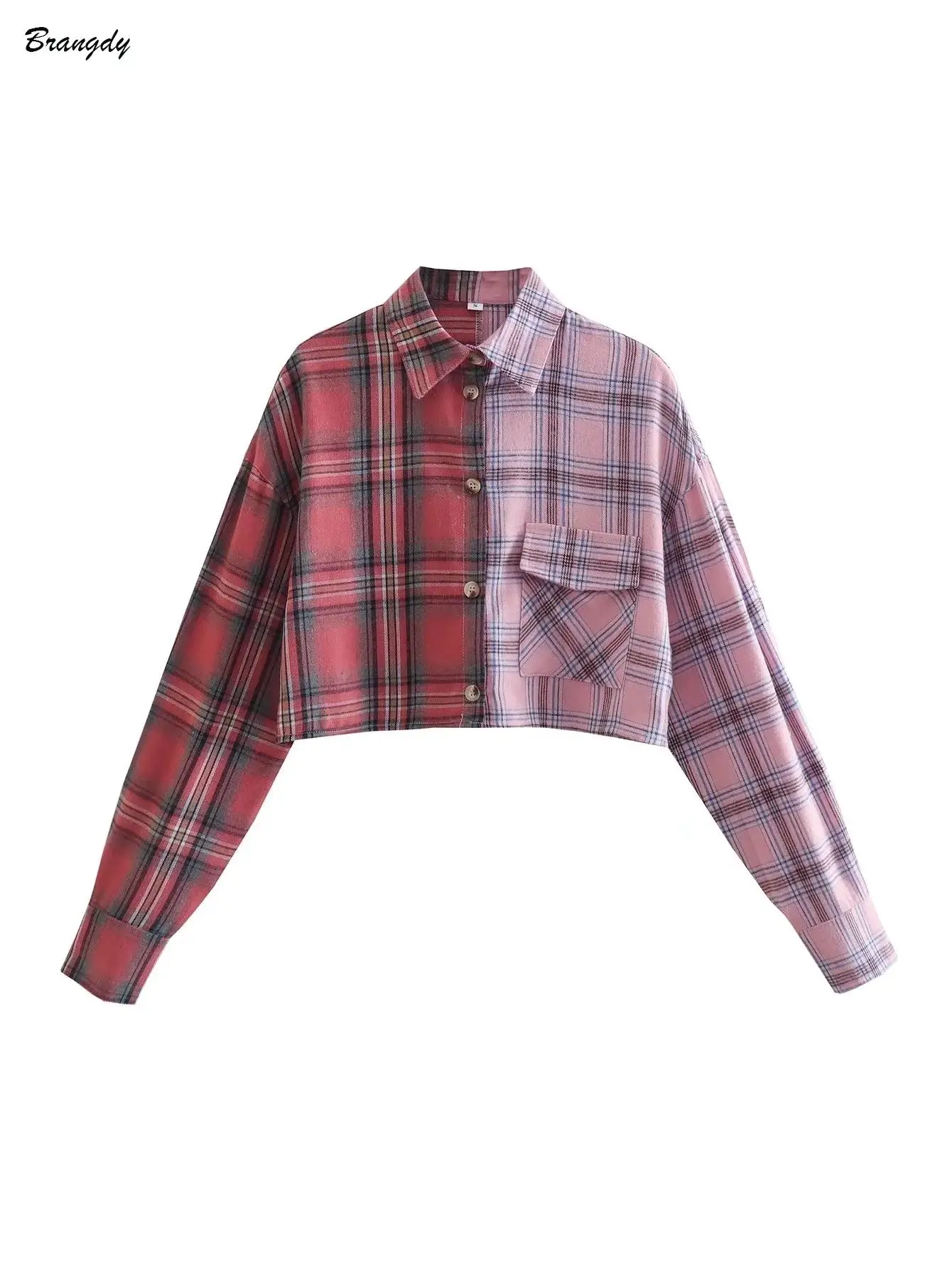 

Women Fashion Patchwork Check Oversized Blouses Vintage Long Sleeve Pockets Female Shirts Blusas Chic Tops Plaid Cropped Shirts