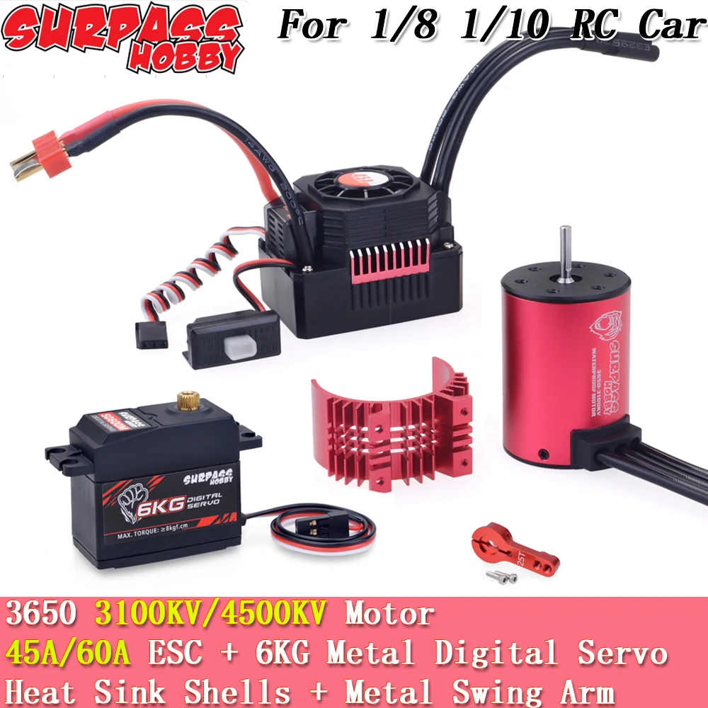 

Комбинированный бесщеточный двигатель Surpass Hobby 3650 3100/4500KV с 45A/60A ESC + 6kg металлический сервопривод + радиатор для HSP 1/8 1/10 RC Car