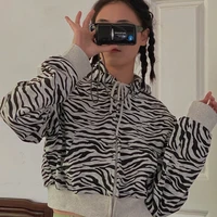 oversized casual hoodie korean style vintage zebra print sweatshirt puff sleeve zip up hoodie women crop top lady clothing 2021