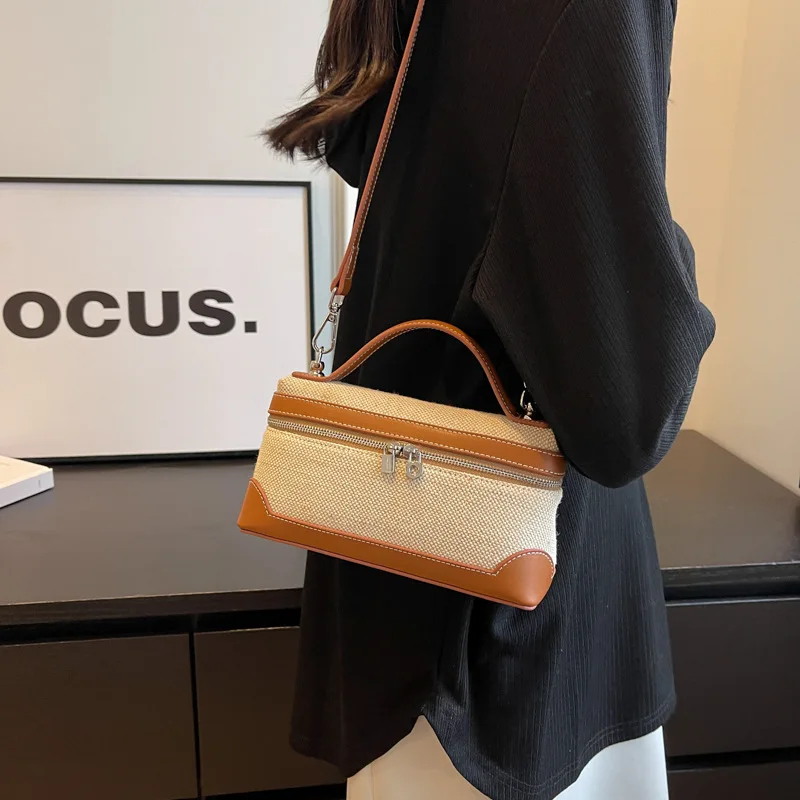 Portable Bucket Box Handbag Canvas Patchwork Fashion Crossbody Bags Ladies' Commuter Phone Storage Shoulder Bag Versatile Simple