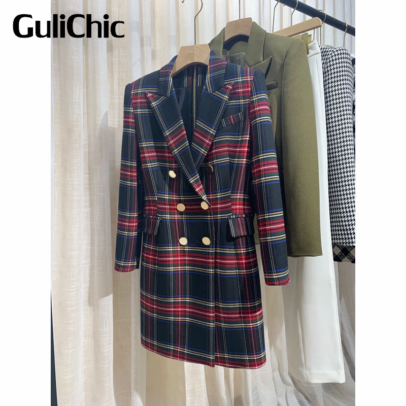 

6,14 GuliChic женское модное клетчатое украшение на пуговицах с отложным воротником приталенное мини-платье с присборенной талией