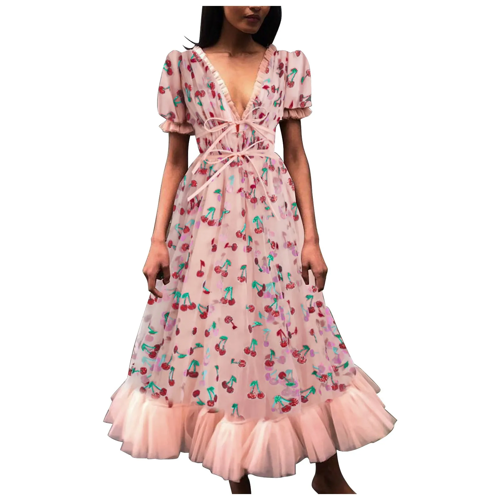 

Женское длинное плиссированное платье, повседневное привлекательное милое Сетчатое платье с V-образным вырезом, длинное модное платье для женщин, 2023